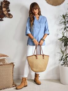 EMERY ROSE 捲邊袖翻蓋口袋牛仔上衣 - 淺色水洗藍 - 查看 3