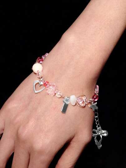 Y2Kool 1 Stück süßes und kühles handgefertigtes Armband in Umschlagform aus natürlichen Perlen für Frauen, mit Pentagramm, runden Perlen, rosa Blüten, Herz, Stern, Erdbeere und Schleife, geeignet für tägliches Tragen und Partys, Valentinstag