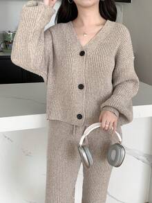 SHEIN Teen Girls Khaki V-Neck Cardigan & Pants Knitted Casual Versatile Sweater Set - Grey - View 4