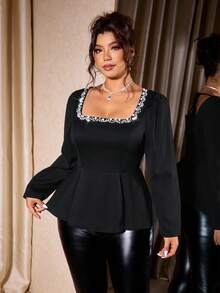 Cravure 大码女式优雅梭织长袖衬衫，带装饰泡泡珠，黑色 - 黑色 - 查看 3