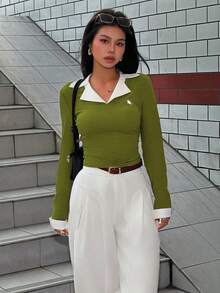 INAWLY Plus Size Women Casual Colorblock Patchwork Top, Autumn - Green - View 2