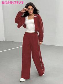 Bộ đồ thường ngày 3 món cho bé gái tuổi teen có áo khoác có khóa kéo theo phong cách tối giản với viền tương phản, áo ba lỗ trắng mềm mại và thoải mái, quần viền tương phản phù hợp, thích hợp để mặc hàng ngày và các hoạt động giải trí - Màu Đỏ Sâu - Xem 6