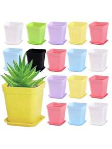 10/20 piezas Macetas cuadradas pequeñas de colores para suculentas con bandeja, macetas de plástico para contenedores de crecimiento de plantas, adecuadas para el hogar, jardín, balcón y oficina - Multicolor - Ver 2