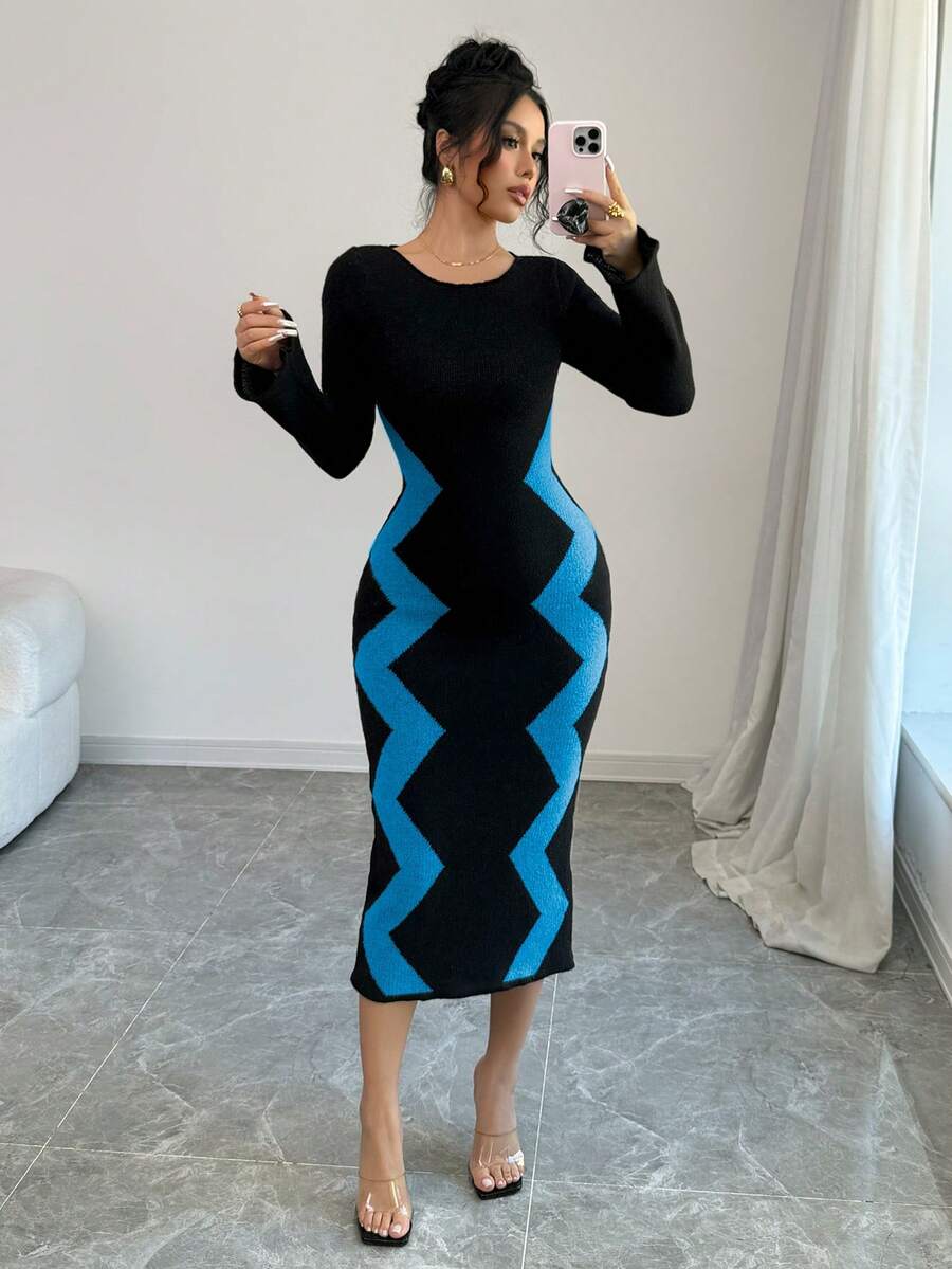 Elenzga Vestido de punto elegante de manga larga y cuello redondo con rayas onduladas, ajustado, para mujer en otoño/invierno - Azul - Ver 1