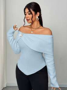 Franclia 女士优雅日常露肩纯色披肩领露肩长袖金属水钻装饰褶皱修身短款大码针织毛衣，秋季 - 藍色 - 查看 5