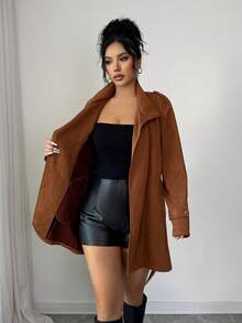 SHEIN Raffinéa Chaqueta de cuello mao de ante sintético vintage, otoño/invierno - Marrón - Ver 8