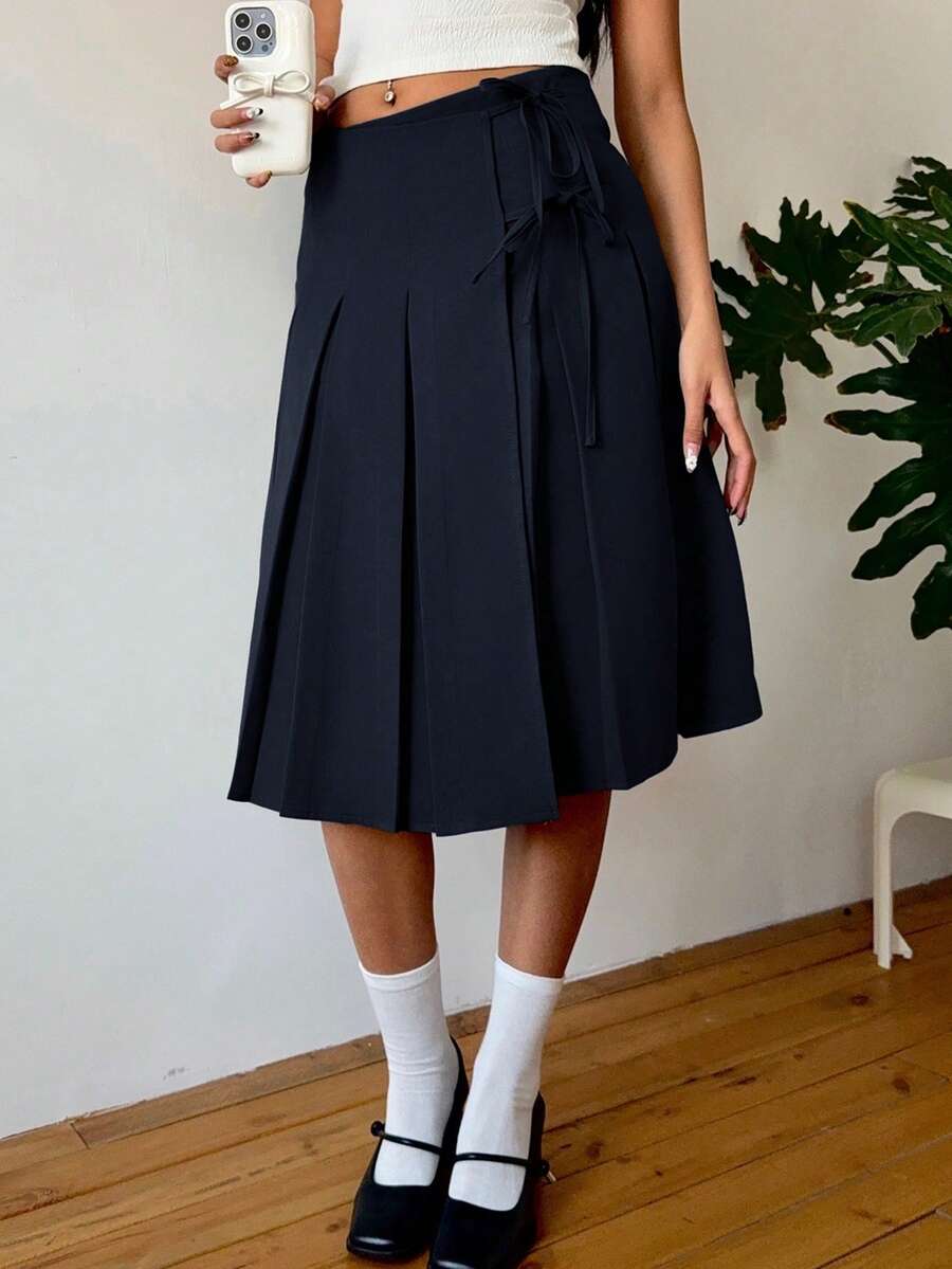 SHEIN EZwear Chân váy midi xếp ly nơ xanh navy thường ngày cho nữ - Màu xanh hải quân - Xem 1