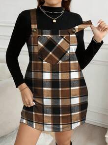 SHEIN LUNE Plus Size Women Casual Plaid Pocket Strap Dress, Suitable For Autumn/Winter Checkered Fall Autumn Pinafore Christmas New Year Party - Multicolor - View 5