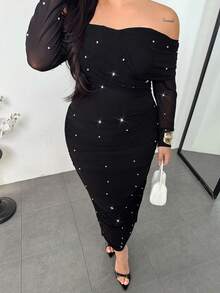 Firerie Plus Size Women's Elegant Black Off-Shoulder Pearl Decor Ruched Fitted Slimming Romantic Party Date Maxi Dress, Valentine's Day/New Year Wedding Dress For Women - Black - View 8