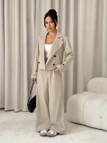 SHEIN PETITE Bộ đồ nữ màu trơn gồm áo khoác dài tay cổ ve lật hai hàng cúc và quần dài, thích hợp mặc mùa xuân và hè. - Màu be - Xem 8