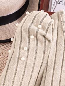 2pcs/Set Girls Elegant Beaded Knit Ribbed Fluffy Puff Sleeve Top And Simple Knit Pants Casual Outfit, Autumn/Winter - Apricot - View 4