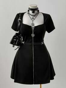 Sweetra Plus Punk Metal Zipper Star Decor Round Neck Flare Hem Short Sleeve Dress, Casual Leisure Wear Suitable For Daily, Back To School, Halloween, Holiday Goth Dress Punk Dress - Black - View 1