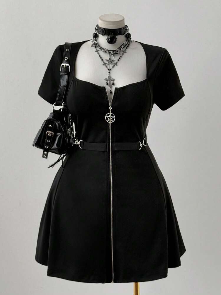 Sweetra Plus Punk Metal Zipper Star Decor Round Neck Flare Hem Short Sleeve Dress,Black,Autumn,Goth,Concert,Night Out Club,Casual Leisure Halloween Holiday - Black - View 1
