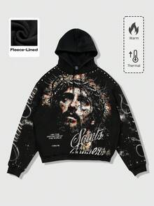 ROMWE MEN Street Life Men's Casual Figure Religious Print Hoodie Sweatshirt, Autumn/Winter - Black - View 1