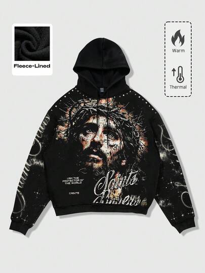 Sudadera con capucha casual con estampado de figura para hombres, otoño/invierno