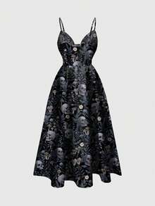 ROMWE Váy nữ hở lưng gợi cảm phong cách Mori Skeleton Gothic tối màu bí ẩn in hình lá gợi cảm - màu đen - Xem 2