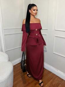 SHEIN SXY 1pc Elegant Off Shoulder Burgundy Metallic Rose Blouse Set, Business Attire, Red , Christmas ,New Year , Thanksgiving Outfit For Women ,Elegant ,Stylish Clothing Collection,Business Casual Outfits Women, Long Sleeve Elegant Set, Classy Off Shoulder Top And On Shoulder Set, 2 Piece Lounge Sets Woman, Elegant 2 Piece Set, 2 Piece Sets Woman Classy - Burgundy - View 3