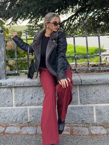 Jeta Ari Black PU Leather Faux Rabbit Fur Collar Jacket For Women - Black - View 6