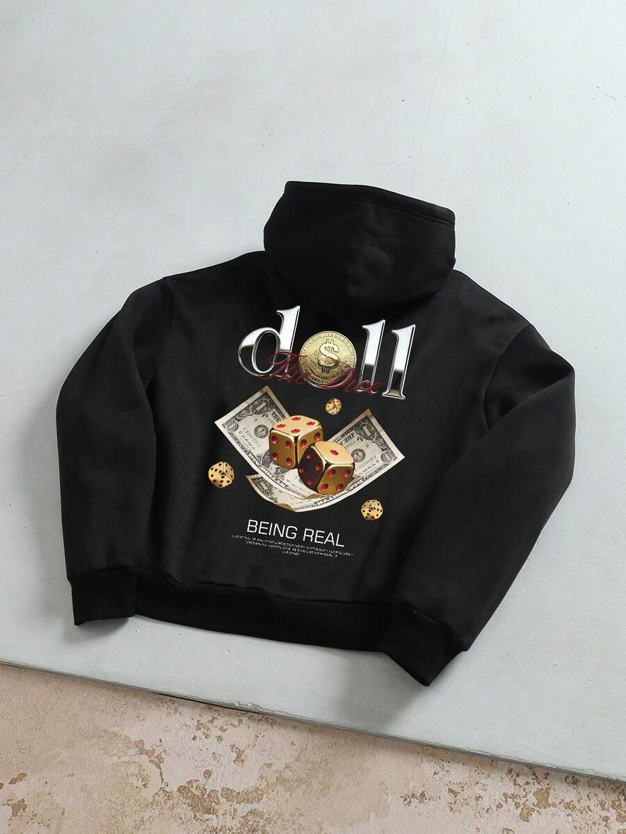 Manfinity Roughcore Oversized Street Style Gold Dice Doll Coin Metal Graphic Print Black Cropped Loose Fit Hoodie - Black - View 1