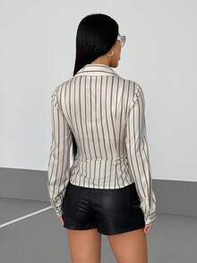 StreetHx 女士休闲通勤条纹修身衬衫 - 杏色 - 查看 2