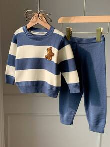 SHEIN 2pcs Baby Boy/Girl Cute Bear & Blue Striped Sweater And Blue Pants Set, Casual Autumn/Winter Unisex Baby Clothes - Multicolor - View 6