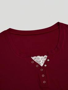 Sweetra Áo thun nữ tay dài cổ tròn viền ren màu trơn - Màu Đỏ Sâu - Xem 5