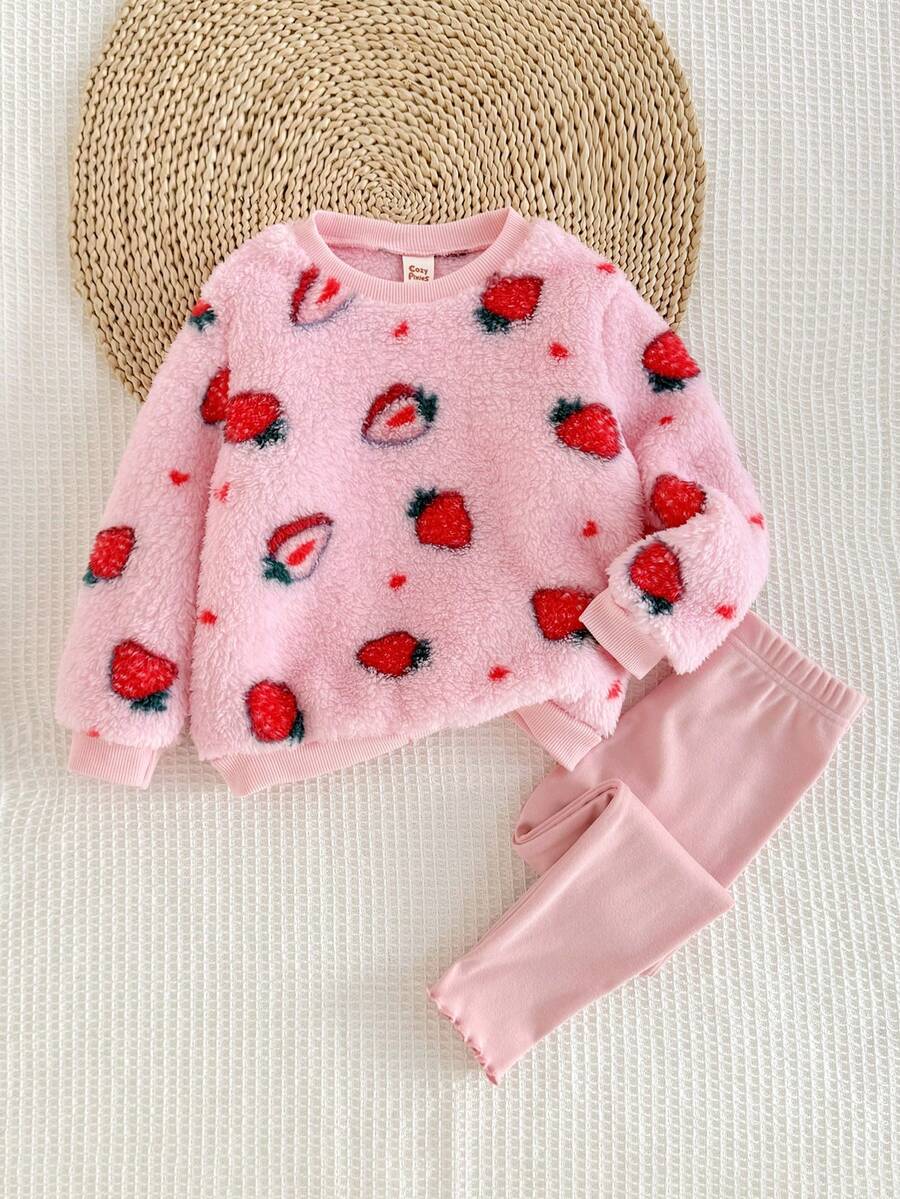 2pcs/Set Young Girl Fruit Pattern Fleece Crew Neck Long Sleeve Sweatshirt And Elastic Waist Flared Pants Set - Baby Pink - View 1
