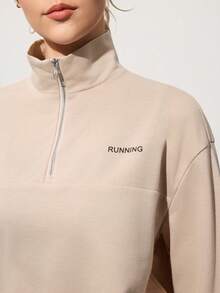 CourtClass Letter Print High Collar Half Zip Long Sleeve Pullover Sweatshirt Women S Athleisure Hiking Tops Women Outdoor Sports Top Sportswear For Women Golf Tops For Woman Athleisure Tops - Khaki - View 6