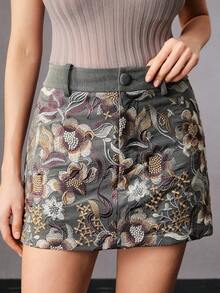 Anewsta High Waist Floral Embroidered A-Line Shorts With Lining, Suitable For Summer, Spring, New Year, Party, Wedding, Elegant, Chic, Stylish, Casual, Formal - Grey - View 3