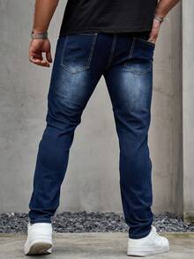 Manfinity Homme Men Plus Bleach Wash Straight Leg Jeans, Plain Dark Blue Slim Fit Long Dark Wash Jeans Washed Cargo Jeans, For Husband, Boyfriend Gifts Going Out Hang Out Commute Street Work - Medium Wash - View 2