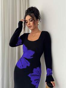 Elenzga Vestido de punto ajustado con cuello cuadrado y cintura de jacquard - azul real - Ver 6