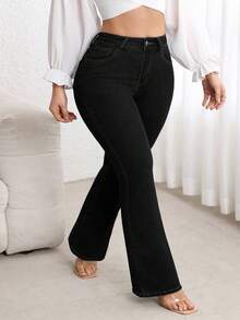 SHEIN CURVE+ 大码女式复古喇叭弹力牛仔裤 - 黑色 - 查看 6