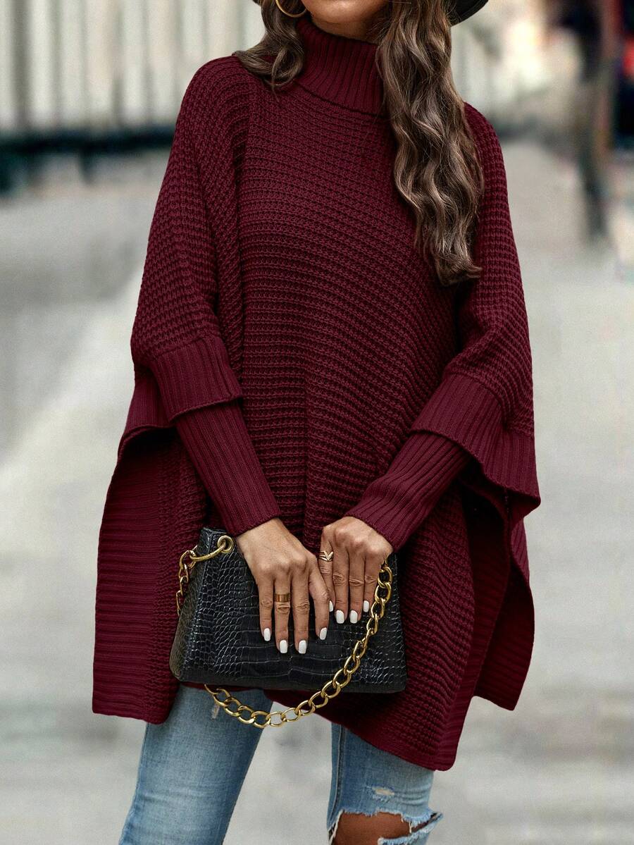 EMERY ROSE Women's Solid Color Turtleneck Loose Batwing Sleeve Fashionable Knit Pullover Sweater
