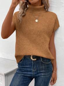 SHEIN LUNE Women's Casual Solid Color Turtleneck Knit Sweater, Autumn/Winter - Chocolate Brown - View 6