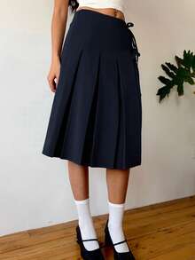 SHEIN EZwear Chân váy midi xếp ly nơ xanh navy thường ngày cho nữ - Màu xanh hải quân - Xem 5