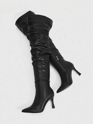 CUCCOO SZL Women's Fashion Pointed Toe Stiletto Heel Black Tall Boots, Foldover Thigh High Boots, Sexy Party Clubwear High Heel Over-The-Knee Boots For Christmas