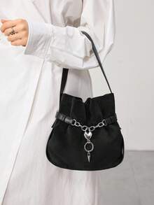 SHECARRY 女士, 女式单肩包, 流浪包, 水桶包, 天鹅绒, 拼接, PU, 黑色, 链条装饰, 心形五金吊坠, 复古, 复古, 时尚, 优雅, 简约, 个性, 百搭, 经典, 通勤, 办公, 约会, 日常, 购物, 下午茶 - 黑色 - 查看 2