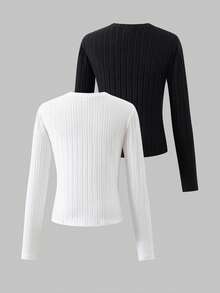 2pcs Classic Black & White Graphic Print Elegant Basic Long Sleeve T-Shirt, Suitable For Layering Or Standalone Wear, Teenage Girls