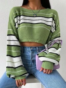 SHEIN Unity Sweater Pullover Wanita Kasual Sehari-hari dengan Motif Garis-Garis Blok Warna, Bahu Jatuh, Lengan Lentera Longgar, Model Crop, Musim Gugur/Dingin - Hijau - View 6