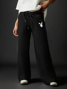 Missguided x Playboy MISSGUIDED Wide Leg Joggers With Drawstring Waist And Logo Detail For Casual Loungewear