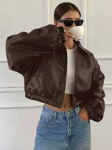 DAZY Women's Fashionable Versatile Solid Color Cropped Jacket, Autumn Leather Jacket Women Coats - Brown - View 5