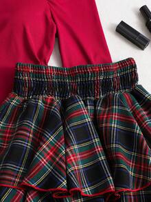 Sparklyn 2pcs/Set Tween Girls Casual Christmas & New Year Red T-Shirt And Red Plaid Skirt - Multicolor - View 5