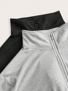 SHEIN EZwear 2 件套花卉 & 灰色 & 黑色针织拉链长袖 T 恤女士，适合春秋季 - 彩色 - 查看 7