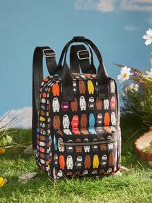 We Bare Bears X SHEIN Women's Cartoon Pattern Cute & Fashionable Backpack - Black and White - View 1