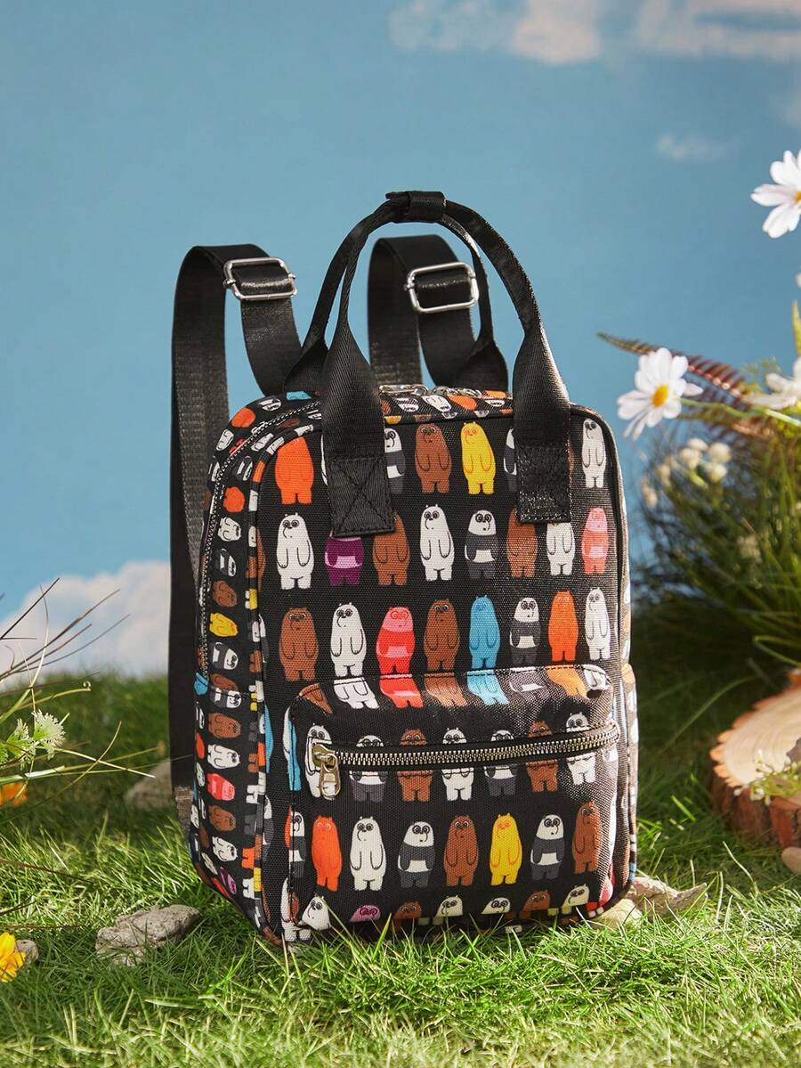 We Bare Bears X SHEIN Women's Cartoon Pattern Cute & Fashionable Backpack - Black and White - View 1