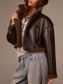 Athîral Women's Chestnut Brown Loose-Fit Shearling Jacket | Faux Leather Outer Fabric, Plush Sherpa Thermal Lined, Relaxed Wide-Cut Silhouette, Turn-Down Collar, Raglan Long Sleeves, Contrast Soft Sherpa Trims At Cuffs, Hem & Collar, Sporty Basic ,For Autumn And Winter, Melange Colorway, Autumn/Winter,Thanksgiving,New Year Clothes