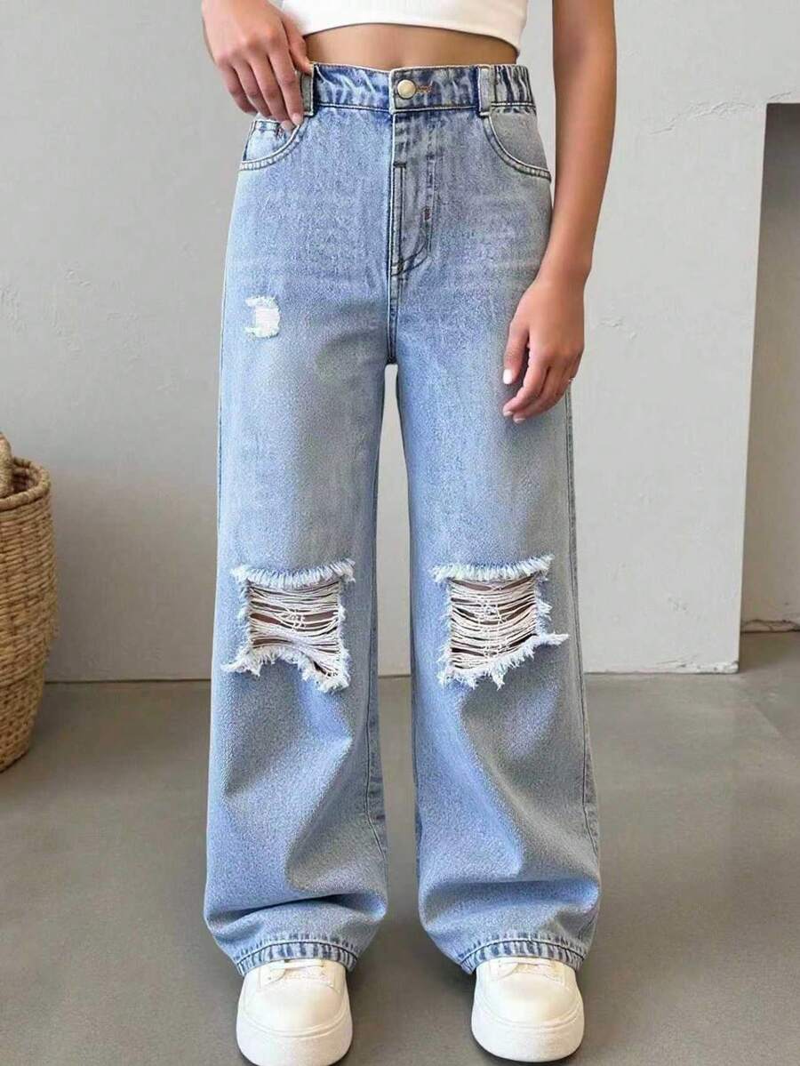 SHEIN Quần jeans denim rách ống đứng đơn giản, rộng rãi, giặt sạch dành cho bé gái tuổi teen + Quần denim cạp chun cơ bản + Quần denim rách màu xanh nhạt, phù hợp với mọi mùa, chất liệu vải thoải mái - Rửa nhẹ - Xem 1