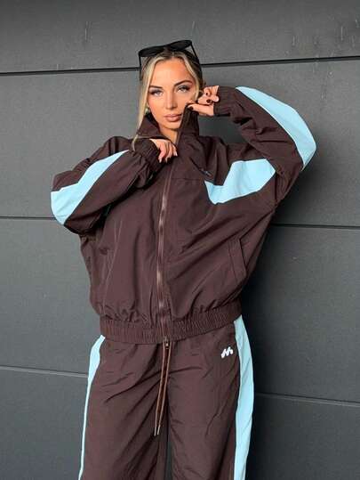 Jeta Ari Oversized Collared Nylon Track Jacket Contrast Panel Full Zip Through Top Only Spring The Book Shop Oversized Airport Sporty Festival Fall Streetwear Autumn, Winter, Back To School Lounge Christmas Everyday