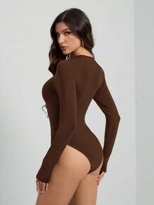 SHEIN Tall 纯色长袖修身黑色T恤连体衣 - 棕色 - 查看 2
