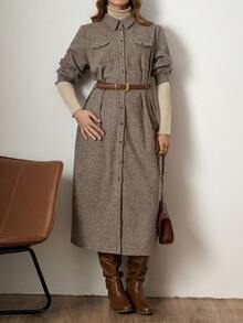 Zelara Autumn/Winter Jacquard Plaid Mid-Length Shirt Dress Brown Dress Brown Thanksgiving Outfit For Women New Year Dress New Year Look Clothes For New Year New Year Clothes Winter Dress Women Maija Fall Winter 2025 Women Maija 2025 Winter Clothes For Women Women's Winter Coat Brown Brown Dress Brown Dress For Women Thanksgiving Outfit For Women Winter Dresses For Women - Brown - View 8